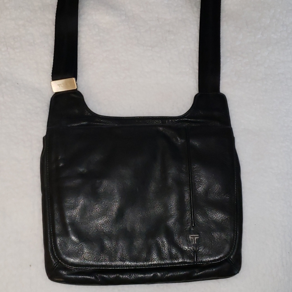 Tumi Bryce black leather flap shoulder bag